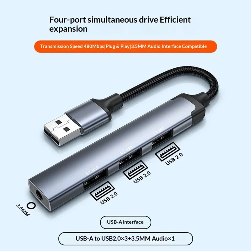 LDNIO DS-104U 4-in-1 USB-A Hub Multifunctional 480Mbps 3xUSB2.0 + 3.5mm Audio Adapter for Laptop Desktop - Grey