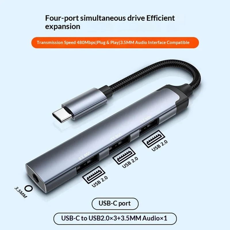 LDNIO DS-104C USB-C Hub Adapter 3 USB 2.0 Port+3.5mm Audio Interface 4-in-1 Expansion Dock for Laptop Tablet - Grey
