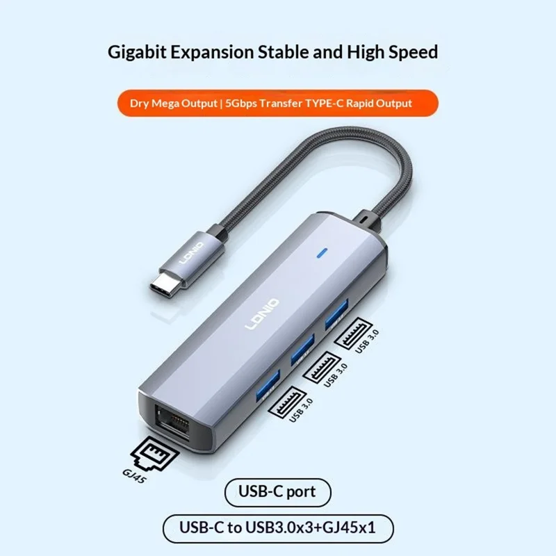 LDNIO DS-124C USB-C Hub 4-in-1 Docking Station Type-C to 3xUSB 3.0+RJ45 Gigabit Ethernet Adapter for Laptop