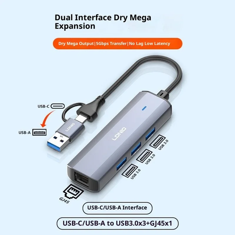 LDNIO DS-124UC USB-A + Type-C to 3-Port USB 3.0 RJ45 Gigabit Ethernet Splitter Hub for Laptop PC - Grey