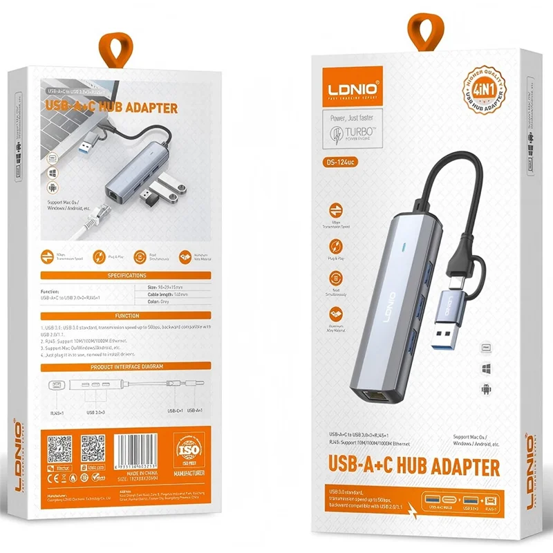 LDNIO DS-124UC USB-A + Type-C to 3-Port USB 3.0 RJ45 Gigabit Ethernet Splitter Hub for Laptop PC - Grey