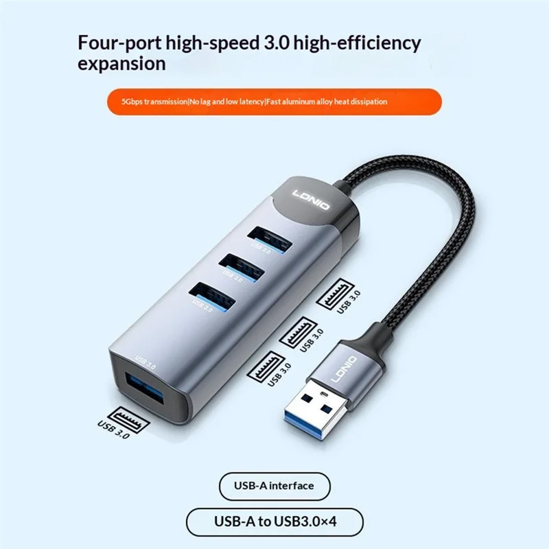 LDNIO DS-134U USB-A to 4-Port USB 3.0 Hub with 10cm Cable 5Gbps High Speed Data Transfer Adapter - Grey