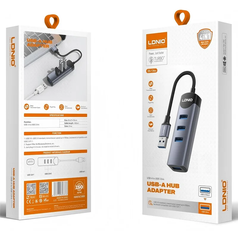 LDNIO DS-134U USB-A to 4-Port USB 3.0 Hub with 10cm Cable 5Gbps High Speed Data Transfer Adapter - Grey