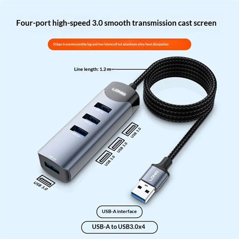 LDNIO DS-134U USB-A to 4-Port USB 3.0 Hub with 1.2m Cable 5Gbps High Speed Data Transfer Adapter - Grey