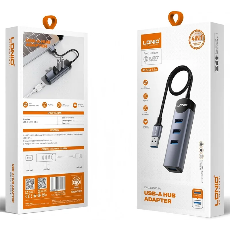 LDNIO DS-134U USB-A to 4-Port USB 3.0 Hub with 1.2m Cable 5Gbps High Speed Data Transfer Adapter - Grey
