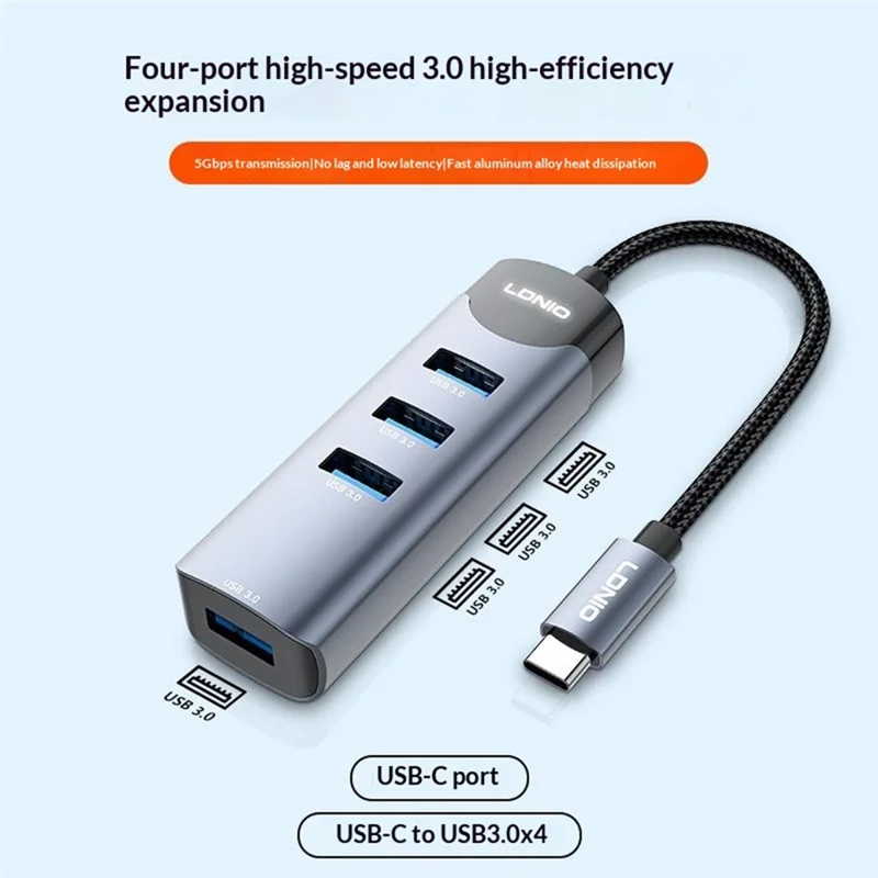 LDNIO DS-134C USB-C to 4-Port USB 3.0 Hub 5Gbps High Speed Data Transfer Adapter for MacBook Laptop - Grey