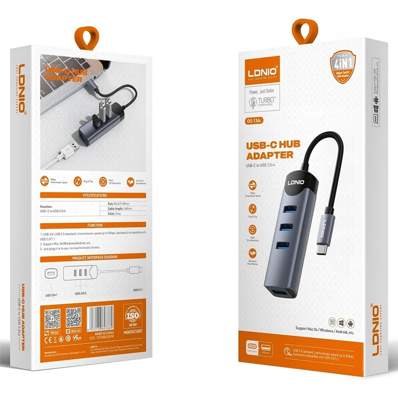 LDNIO DS-134C USB-C to 4-Port USB 3.0 Hub 5Gbps High Speed Data Transfer Adapter for MacBook Laptop - Grey