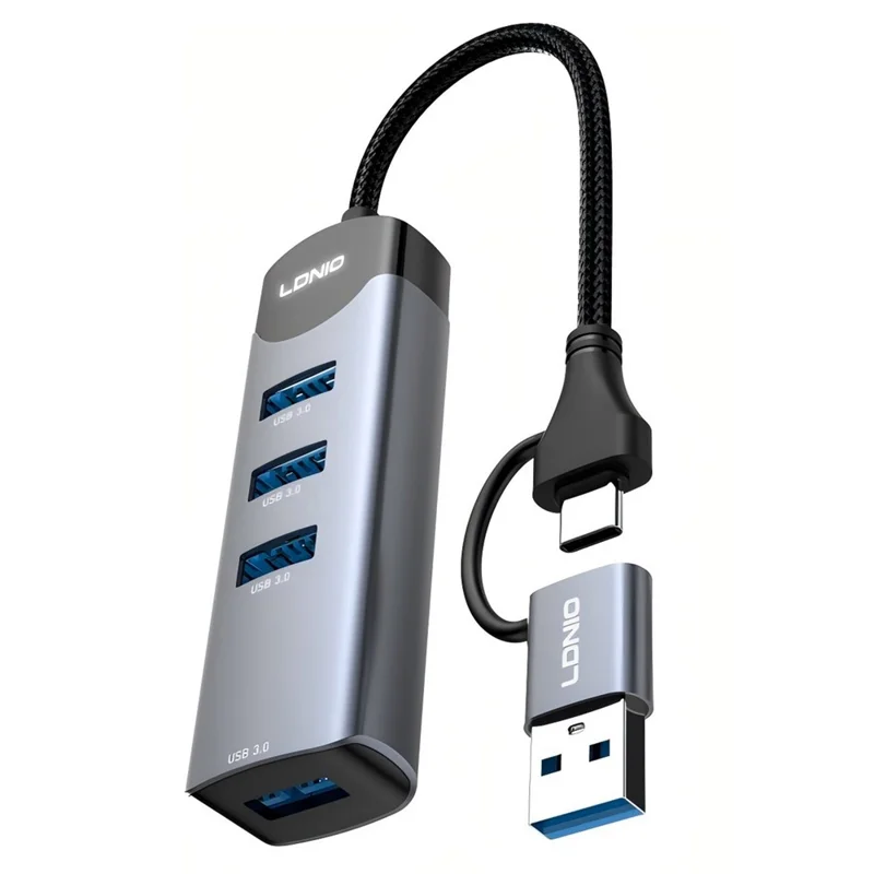 LDNIO DS-134UC USB-A + Type-C to 4-Port USB 3.0 Hub 5Gbps High Speed Data Transfer Aluminum Alloy Adapter - Grey