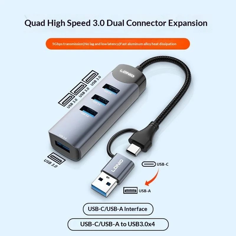 LDNIO DS-134UC USB-A + Type-C to 4-Port USB 3.0 Hub 5Gbps High Speed Data Transfer Aluminum Alloy Adapter - Grey