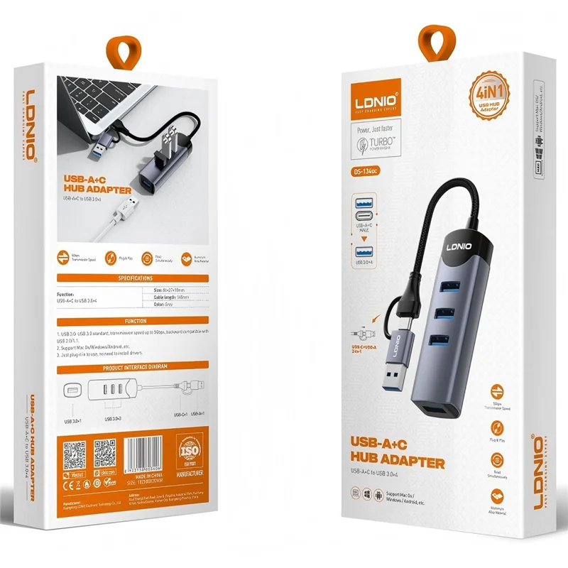 LDNIO DS-134UC USB-A + Type-C to 4-Port USB 3.0 Hub 5Gbps High Speed Data Transfer Aluminum Alloy Adapter - Grey