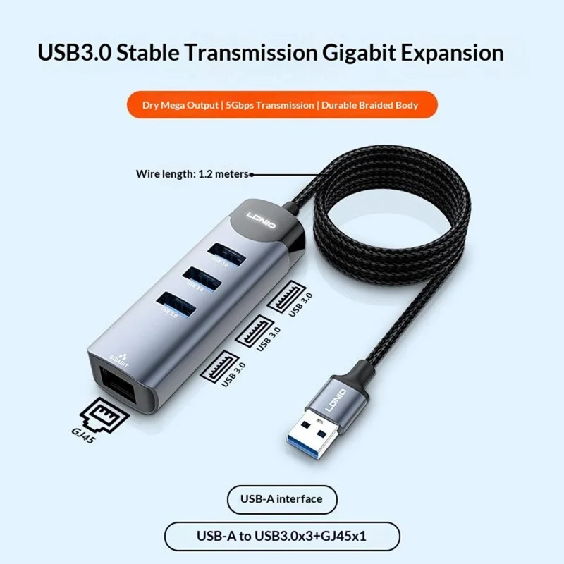 LDNIO DS-144U USB-A to 3-Port USB3.0 RJ45 Gigabit Ethernet Adapter Hub with 1.2m Cable - Grey