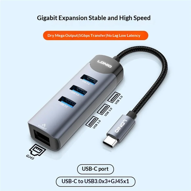 LDNIO DS-144C 4 in 1 USB-C Hub 3 USB3.0 Ports + RJ45 Gigabit Ethernet Adapter for Laptop - Grey