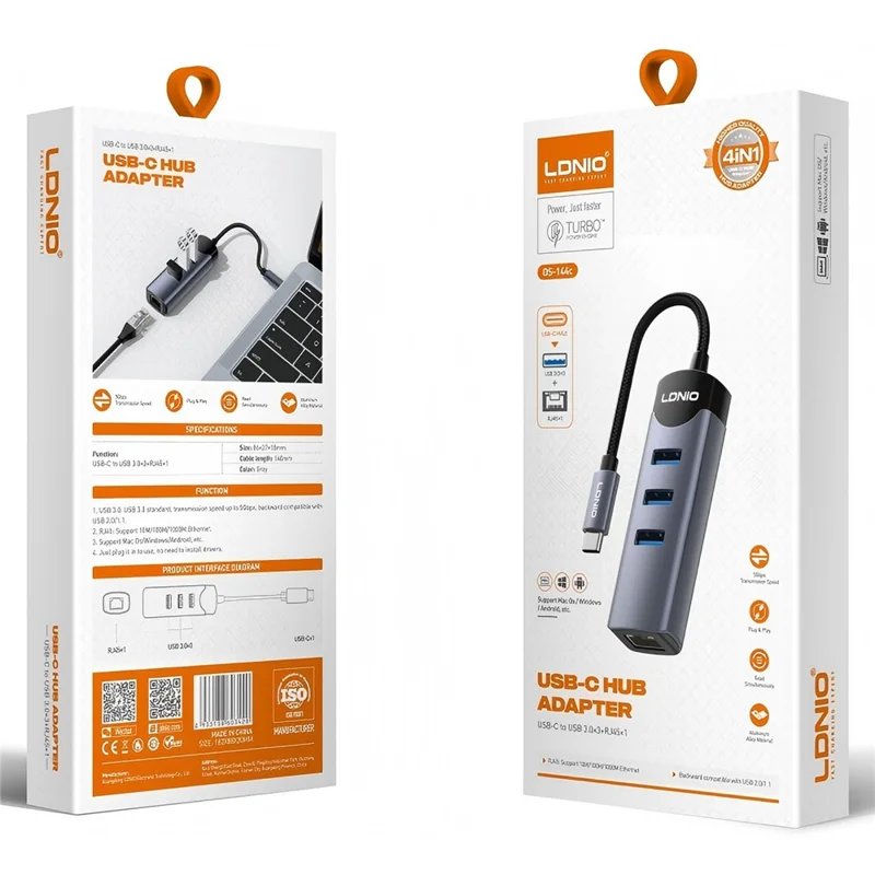 LDNIO DS-144C 4 in 1 USB-C Hub 3 USB3.0 Ports + RJ45 Gigabit Ethernet Adapter for Laptop - Grey