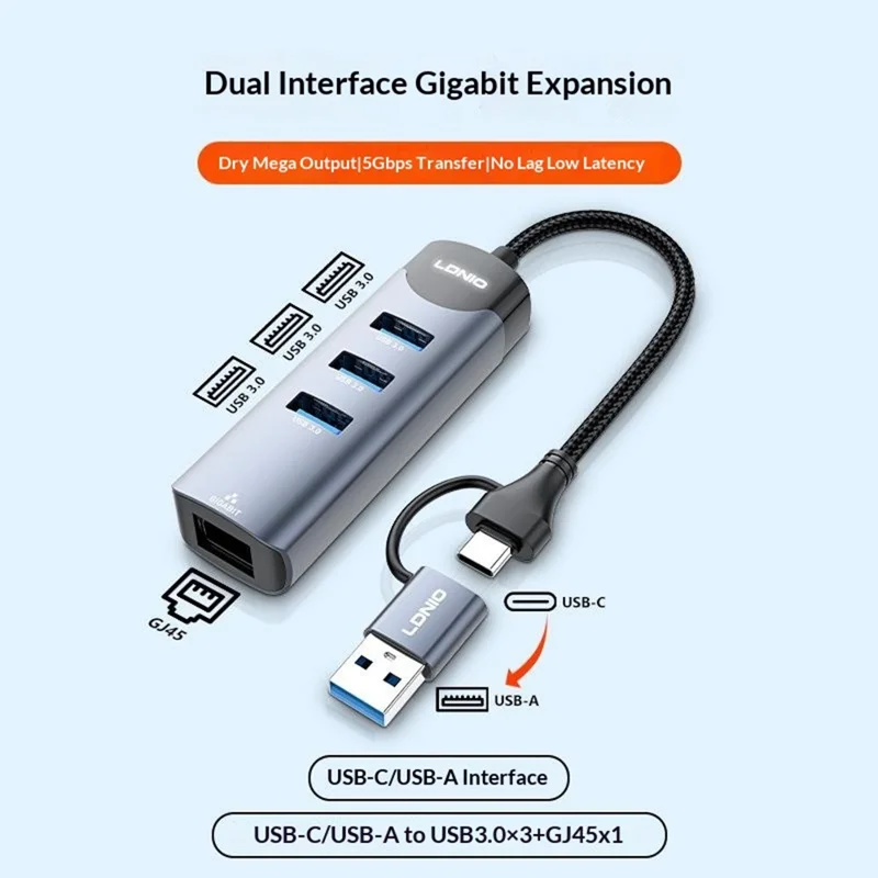 LDNIO DS-144UC USB-C + USB-A to 3-Port USB3.0 Splitter Hub RJ45 Gigabit Ethernet Adapter - Grey