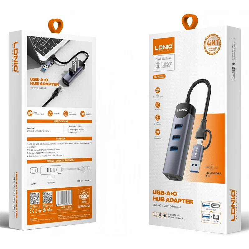 LDNIO DS-144UC USB-C + USB-A to 3-Port USB3.0 Splitter Hub RJ45 Gigabit Ethernet Adapter - Grey