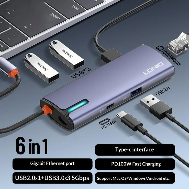 LDNIO DS-16U USB-C Hub 6 in 1 Docking Station with PD 100W Fast Charging Gigabit Ethernet 4x USB Ports - Grey