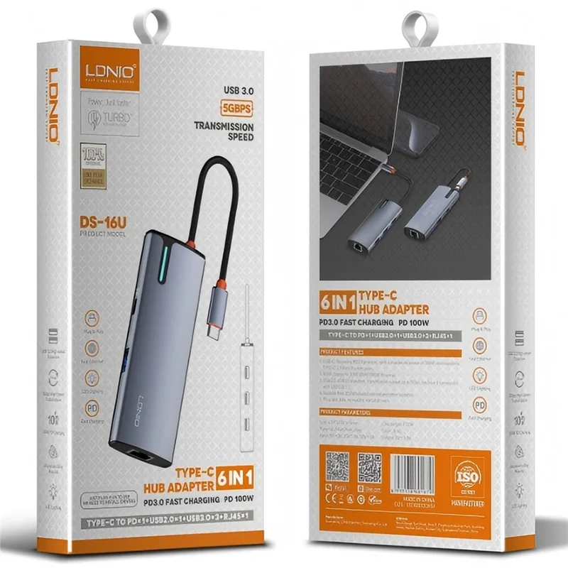 LDNIO DS-16U USB-C Hub 6 in 1 Docking Station with PD 100W Fast Charging Gigabit Ethernet 4x USB Ports - Grey