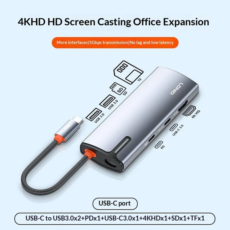 LDNIO DS-17H USB-C Hub 7 in 1 4K HD PD 100W Schnellladefunktion USB3.0 SD TF Kartenleser - Grau