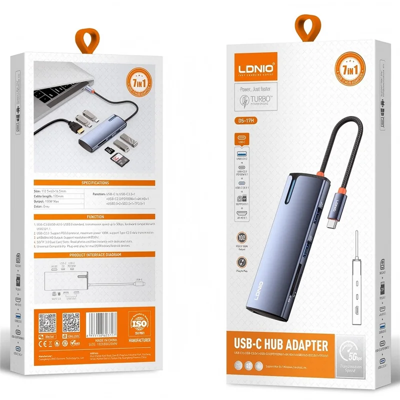 LDNIO DS-17H USB-C Hub 7 in 1 4K HD PD 100W Schnellladefunktion USB3.0 SD TF Kartenleser - Grau