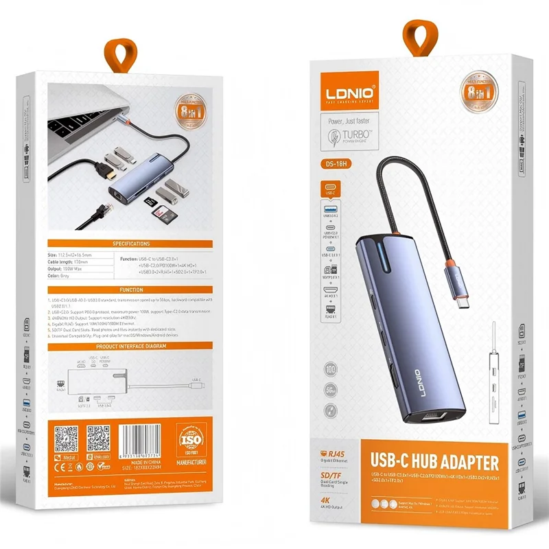 LDNIO DS-18H 8 in 1 USB-C Hub PD 100W Fast Charging 4K / 30Hz HD Gigabit Ethernet Adapter SD / TF Card Reader - Grey