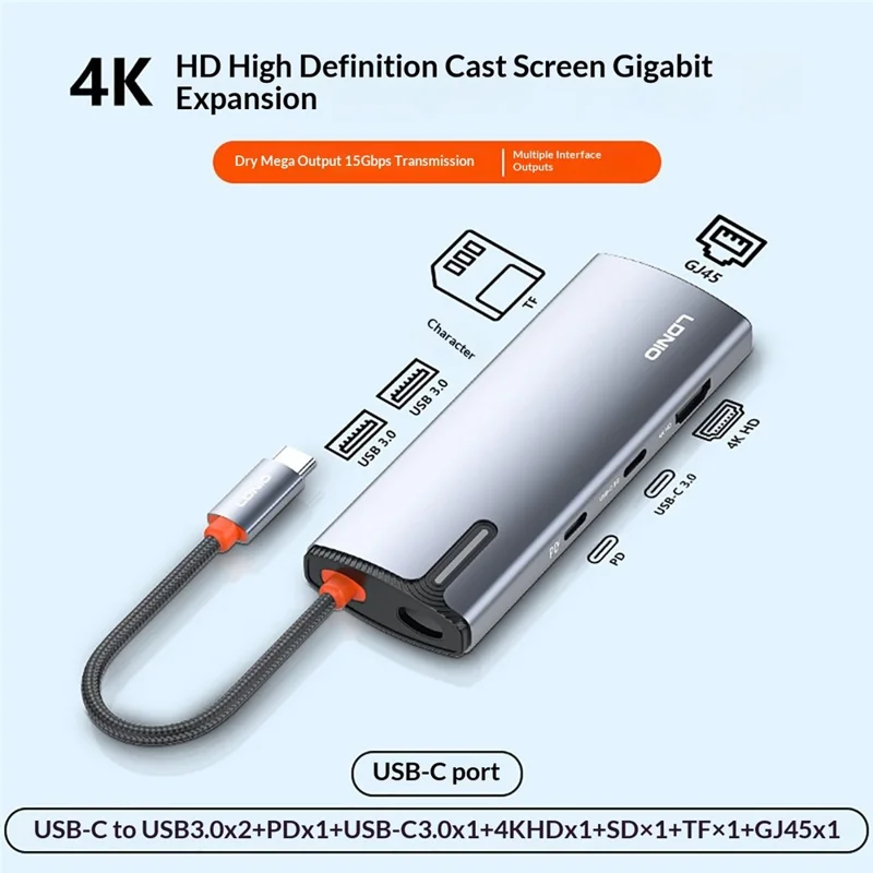 LDNIO DS-18H 8 in 1 USB-C Hub PD 100W Fast Charging 4K / 30Hz HD Gigabit Ethernet Adapter SD / TF Card Reader - Grey