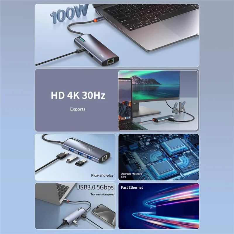 LDNIO DS-18H 8 in 1 USB-C Hub PD 100W Fast Charging 4K / 30Hz HD Gigabit Ethernet Adapter SD / TF Card Reader - Grey