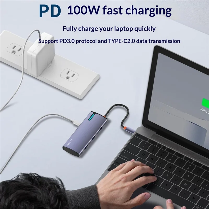 LDNIO DS-18H 8 in 1 USB-C Hub PD 100W Fast Charging 4K / 30Hz HD Gigabit Ethernet Adapter SD / TF Card Reader - Grey