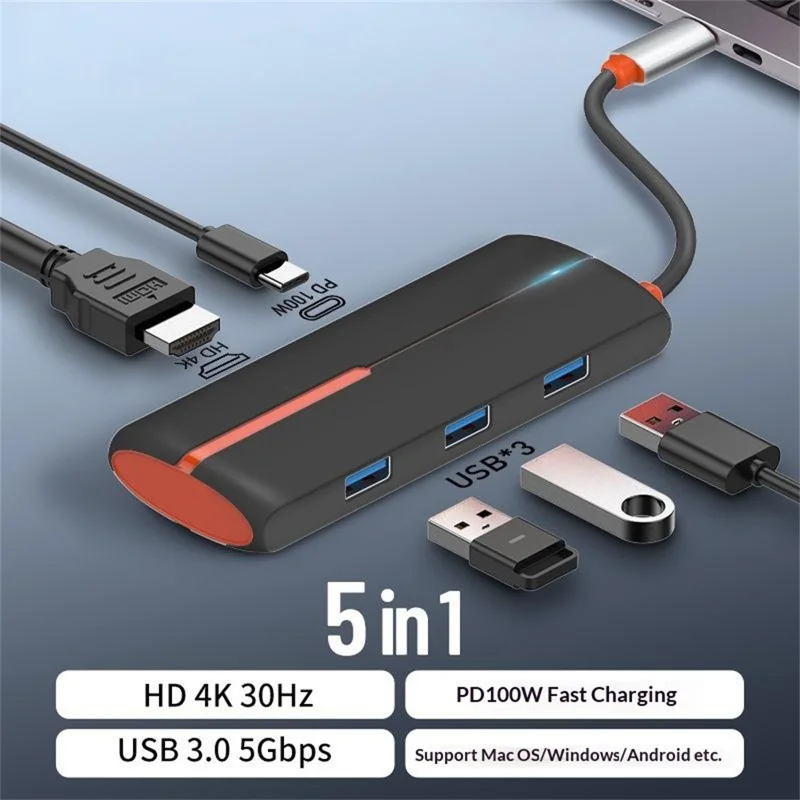 LDNIO DS-25H Type-C Hub 5 in 1 HD 4K 30Hz PD 100W Fast Charging 3 USB3.0 Splitter Adapter - Black