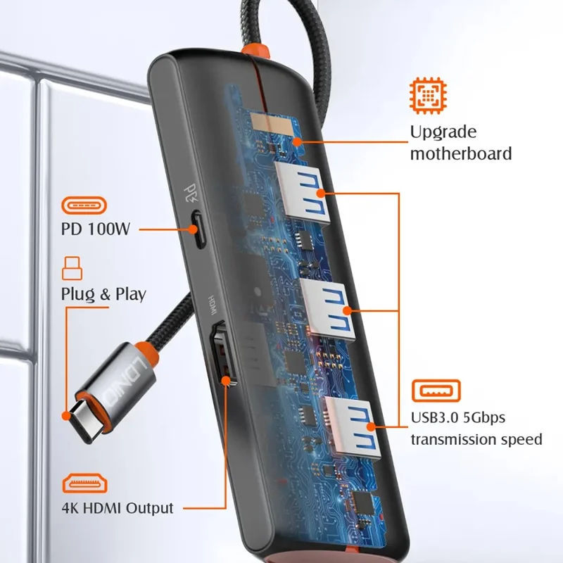 LDNIO DS-25H Type-C Hub 5 in 1 HD 4K 30Hz PD 100W Fast Charging 3 USB3.0 Splitter Adapter - Black