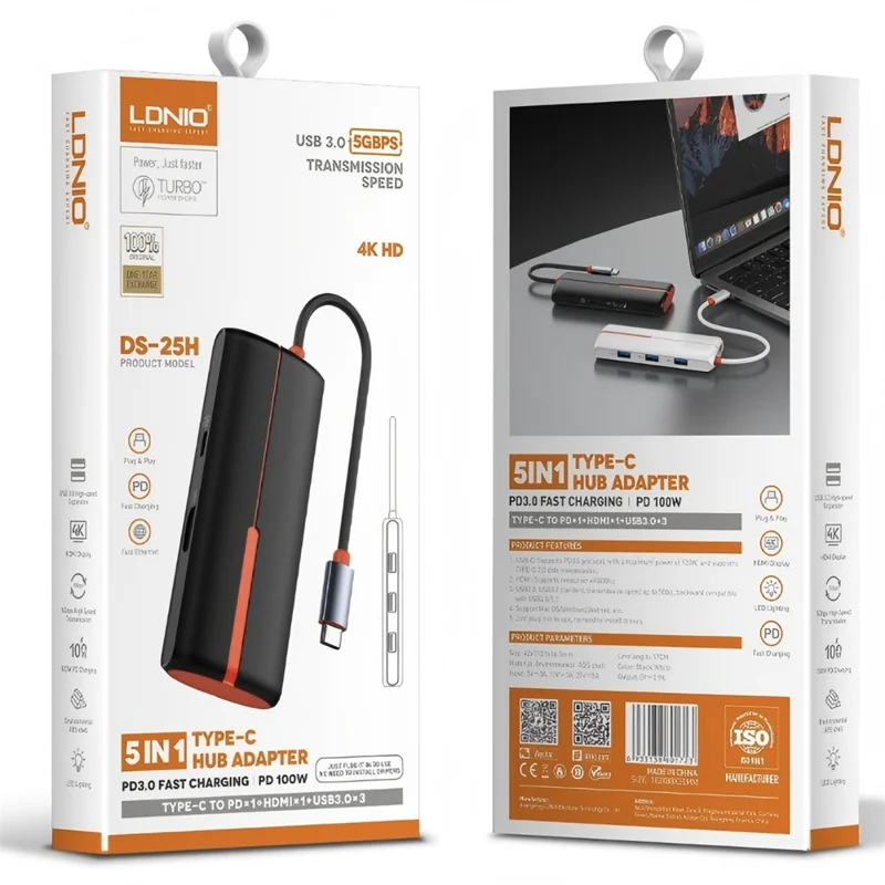 LDNIO DS-25H Type-C Hub 5 in 1 HD 4K 30Hz PD 100W Fast Charging 3 USB3.0 Splitter Adapter - Black
