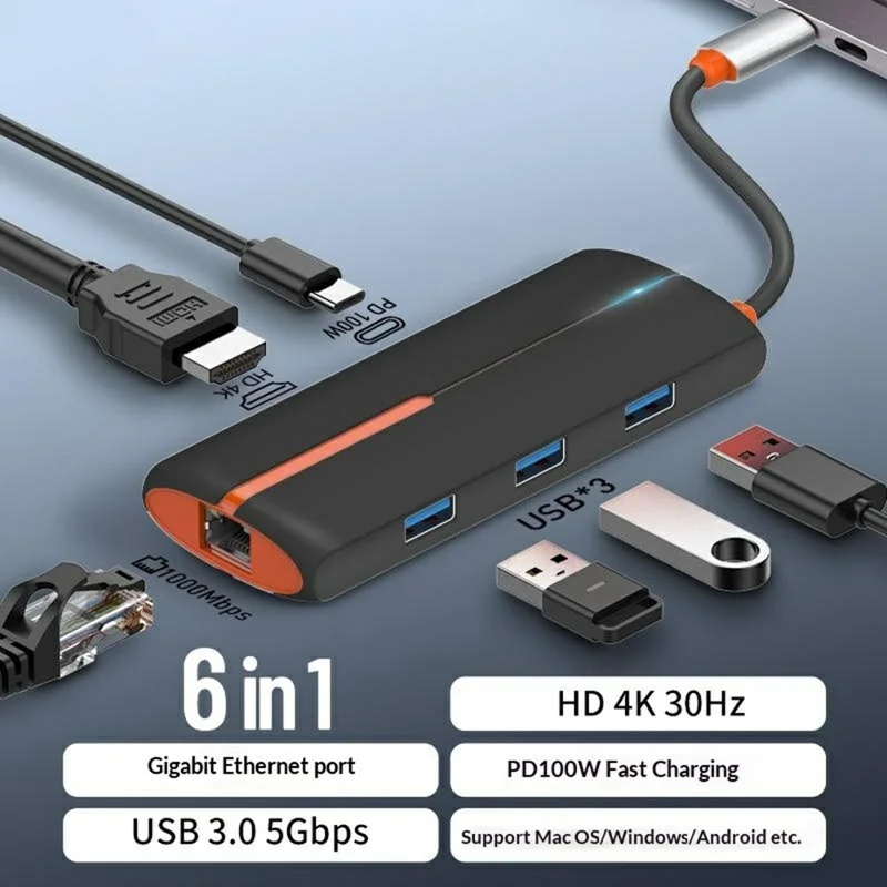 LDNIO DS-26H USB-C 6-in-1-Hub 4K HD + 100W PD-Ladefunktion + 1000 Mbit/s Ethernet + 3 USB-3.0-Adapter für Laptop – Schwarz