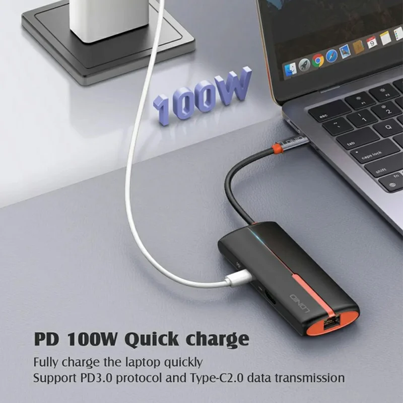 LDNIO DS-26H USB-C 6-in-1-Hub 4K HD + 100W PD-Ladefunktion + 1000 Mbit/s Ethernet + 3 USB-3.0-Adapter für Laptop – Schwarz