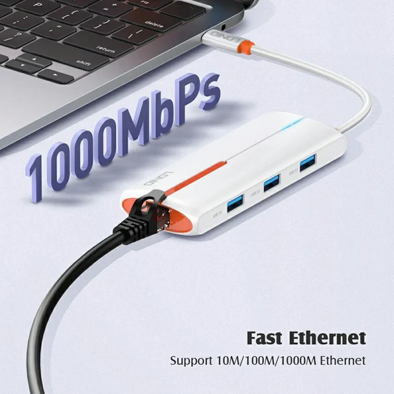 LDNIO DS-26H USB-C 6-in-1-Hub 4K HD + 100W PD-Ladefunktion + 1000 Mbit/s Ethernet + 3 USB-3.0-Adapter für Laptop – Schwarz