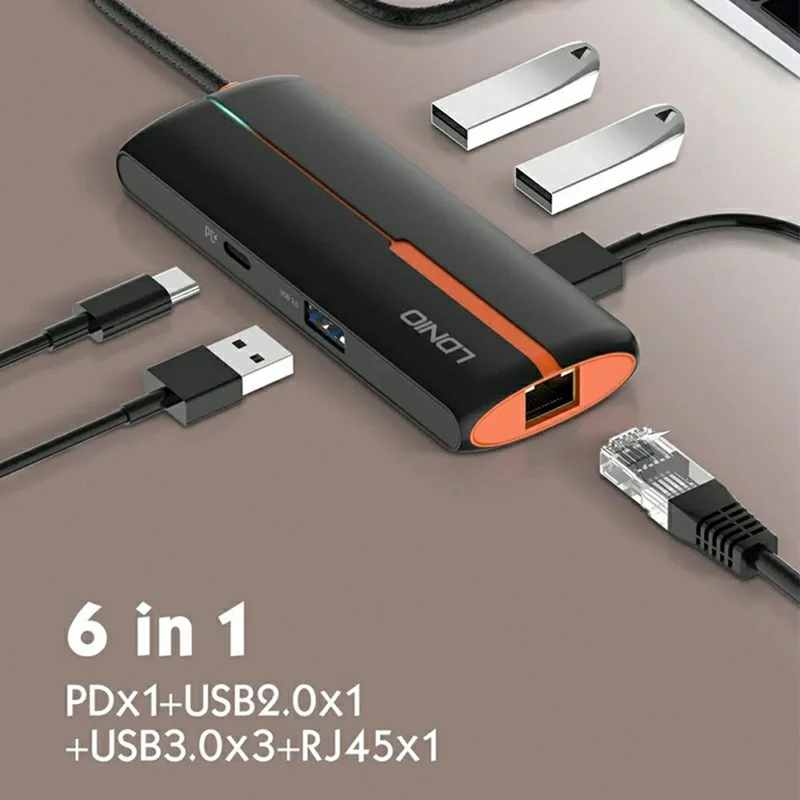 LDNIO DS-26U 6 in 1 USB-C Hub Dock 1000Mbps Ethernet + PD 100W Fast Charging + 3 5Gbps USB 3.0 + USB 2.0 Type-C Adapter - Black