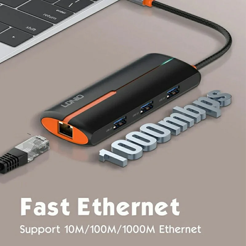 LDNIO DS-26U 6 in 1 USB-C Hub Dock 1000Mbps Ethernet + PD 100W Fast Charging + 3 5Gbps USB 3.0 + USB 2.0 Type-C Adapter - Black