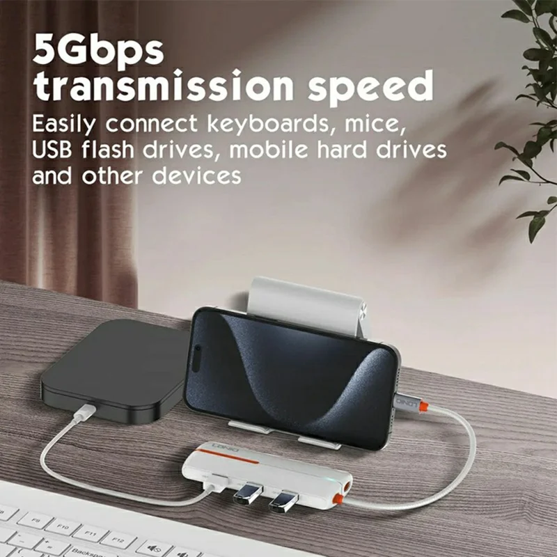 LDNIO DS-26U 6 in 1 USB-C Hub Dock 1000Mbps Ethernet + PD 100W Fast Charging + 3 5Gbps USB 3.0 + USB 2.0 Type-C Adapter - Black