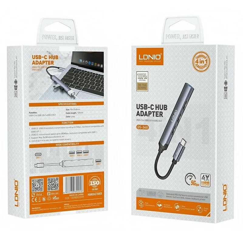 LDNIO DS-34U 4 in 1 USB-C Hub Type-C to USB 3.0 + 3 USB 2.0 Adapter for Laptop Desktop - Grey