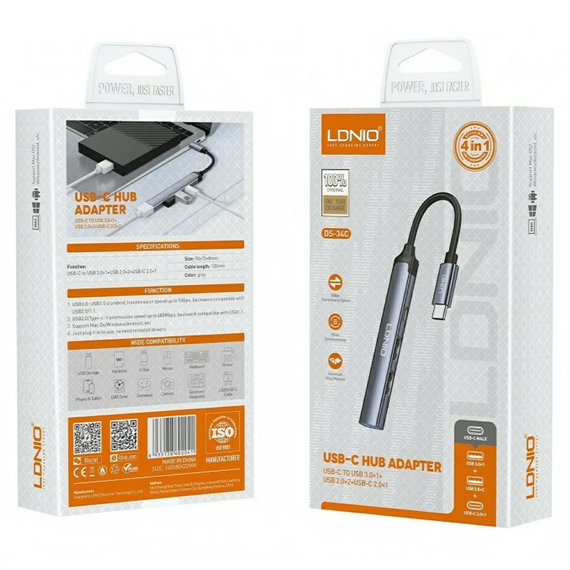LDNIO DS-34C USB-C Hub 4 in 1 Adapter Type-C to USB3.0 5Gbps + 2 USB2.0 + Type-C Splitter for Laptop Tablet - Grey