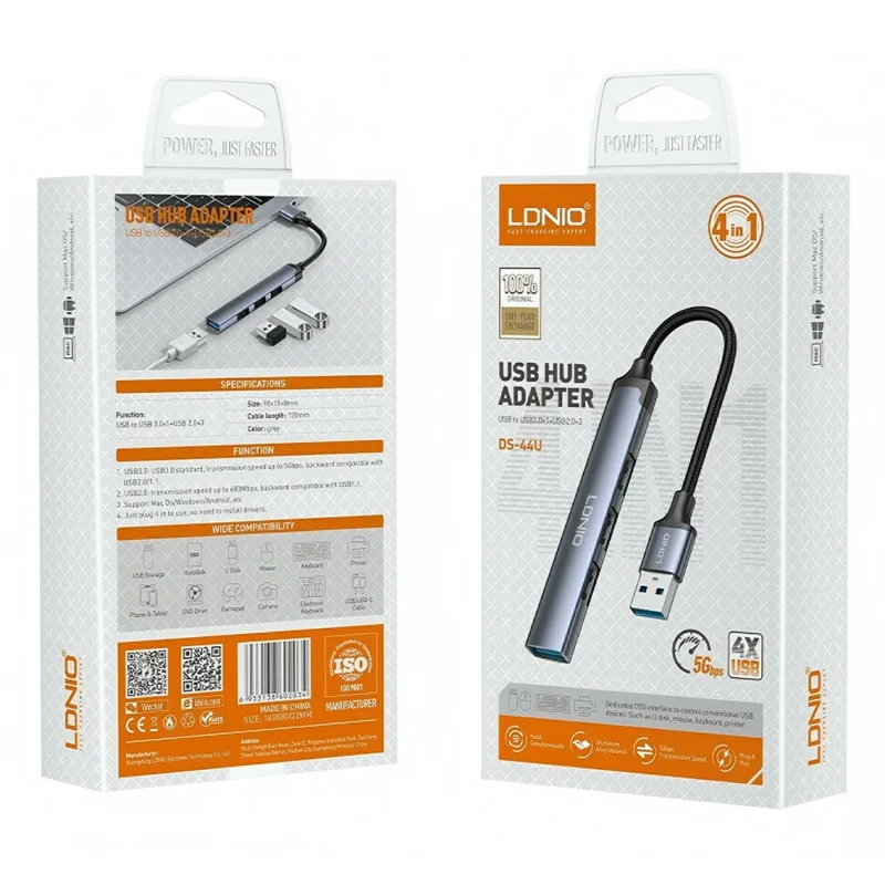 LDNIO DS-44U 4 in 1 USB Hub USB 3.0 + 3 USB 2.0 Adapter 5Gbps High Speed Splitter - Grey