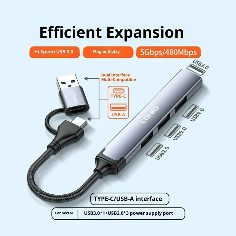 LDNIO DS-64U 4 in 1 USB Hub Type-C / USB-A to USB 3.0+ 3 USB 2.0 Output Adapter for Laptop Desktop - Grey