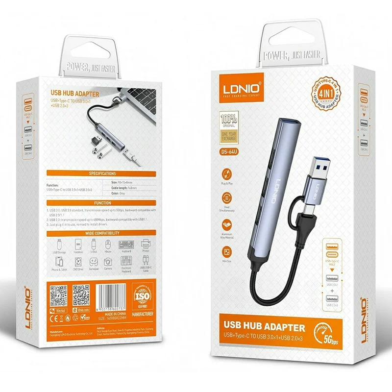 LDNIO DS-64U 4 in 1 USB Hub Type-C / USB-A to USB 3.0+ 3 USB 2.0 Output Adapter for Laptop Desktop - Grey