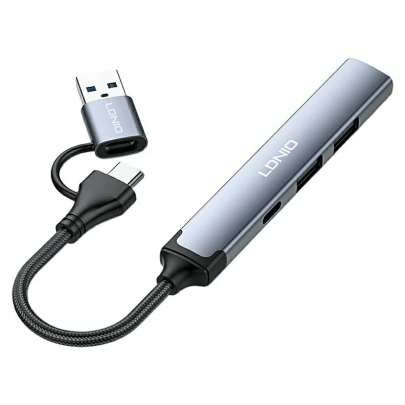 LDNIO DS-64C 4 in 1 USB Hub Type-C USB-A Dual Input to USB 3.0 5Gbps + 2 USB 2.0 + Type-C Adapter - Grey