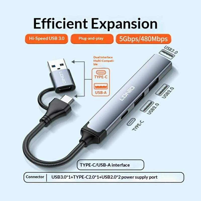 LDNIO DS-64C 4 in 1 USB Hub Type-C USB-A Dual Input to USB 3.0 5Gbps + 2 USB 2.0 + Type-C Adapter - Grey