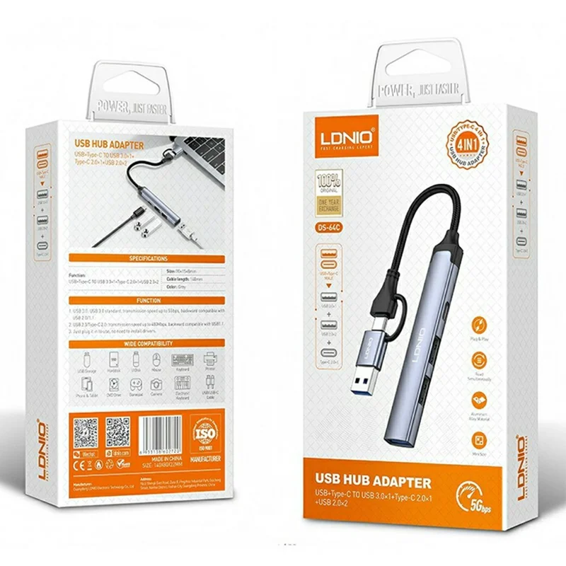 LDNIO DS-64C 4 in 1 USB Hub Type-C USB-A Dual Input to USB 3.0 5Gbps + 2 USB 2.0 + Type-C Adapter - Grey