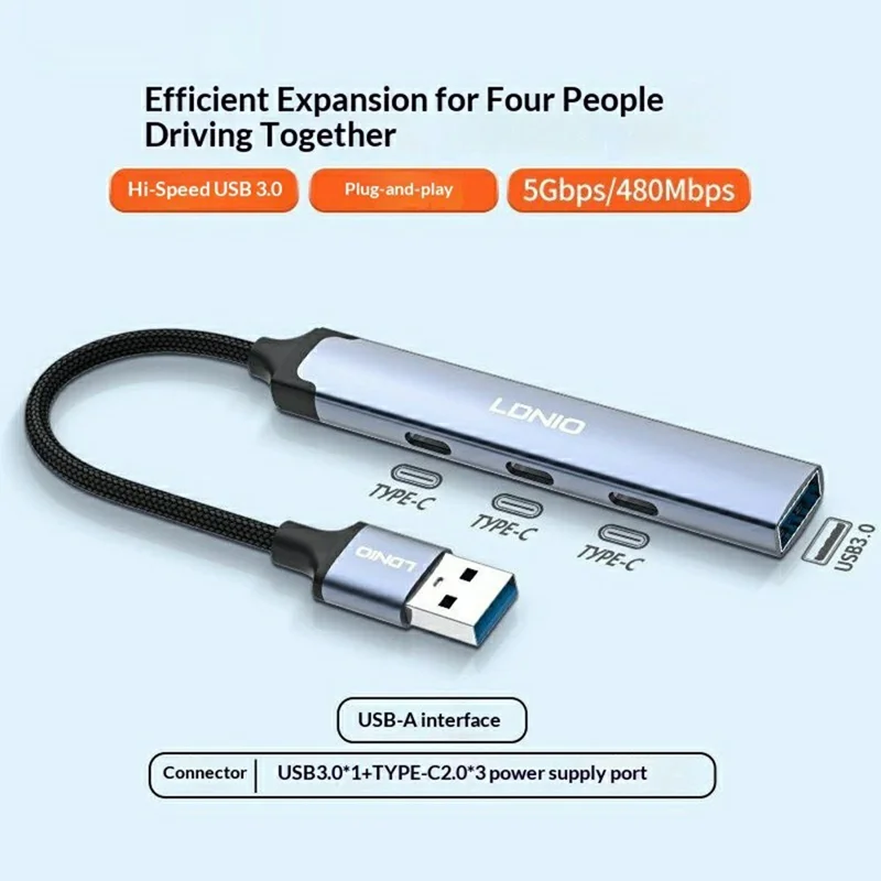 LDNIO DS-74U 4-in-1-Hub USB-A auf USB 3.0 5 Gbps + 3 Type-C 2.0 Adapter für Laptop PC – Grau