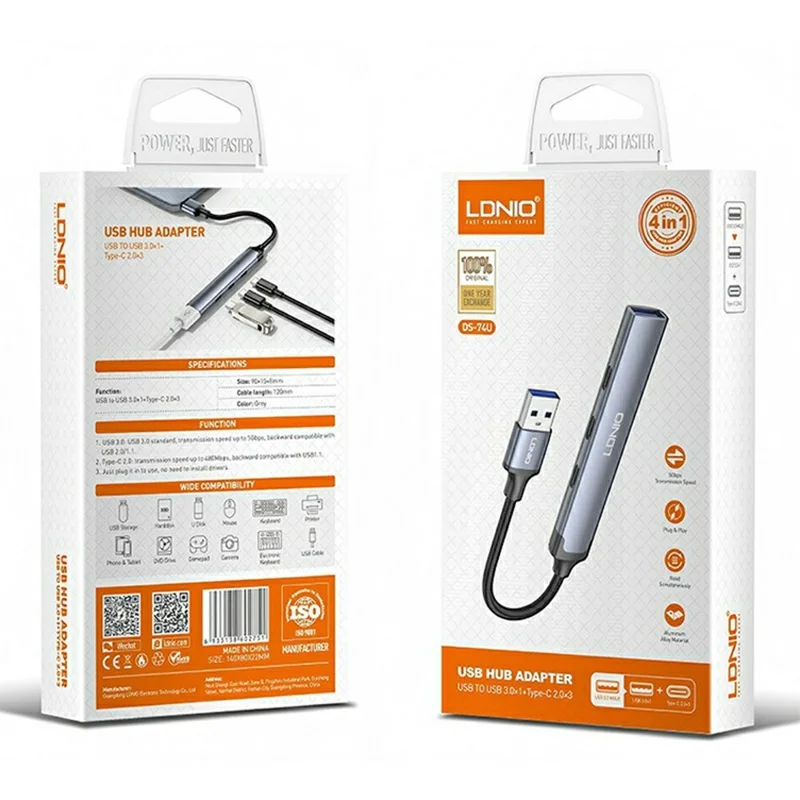 LDNIO DS-74U 4-in-1-Hub USB-A auf USB 3.0 5 Gbps + 3 Type-C 2.0 Adapter für Laptop PC – Grau
