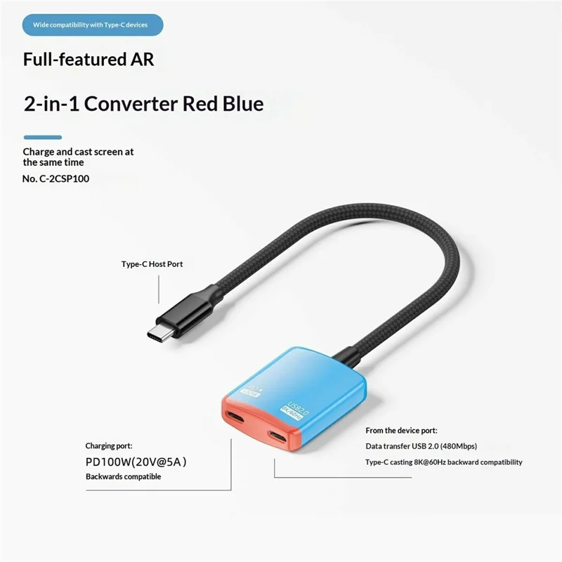 D0249 Type-C Hub 2 in 1 Converter 100W PD Snelle Opladen 8K@60Hz HD Weergave voor AR-bril Gamingconsole - Rood / Blauw