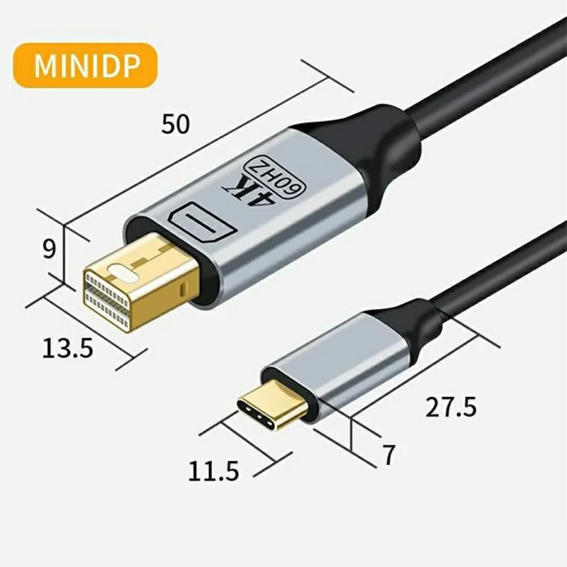 MD021 1.8m Type-C to Mini DP Cable 4K@60Hz DP1.4 Standard Video Adapter Cord for MacBook iPad Android - Black