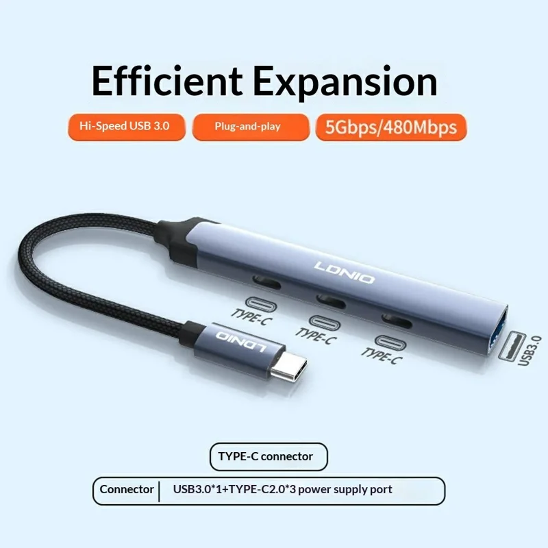 LDNIO DS-74C Concentrador USB-C de 4 en 1, Adaptador USB 3.0 + 3x Type-C 2.0 para Portátil, Tablet y Teléfono - Gris