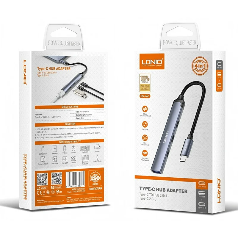 LDNIO DS-74C Concentrador USB-C de 4 en 1, Adaptador USB 3.0 + 3x Type-C 2.0 para Portátil, Tablet y Teléfono - Gris